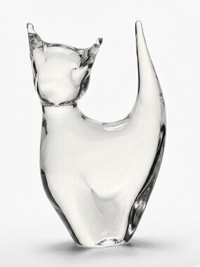 Clear Hand-Blown Art Glass Cat Figurine - Mid Century Modern Deco Paperweight